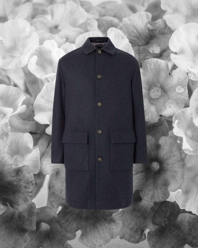 Tailored wool overcoat highlighting craftsmanship, fabric texture, and clean silhouette