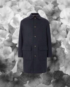 Tailored wool overcoat highlighting craftsmanship, fabric texture, and clean silhouette