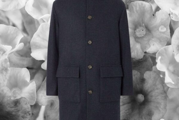 Tailored wool overcoat highlighting craftsmanship, fabric texture, and clean silhouette