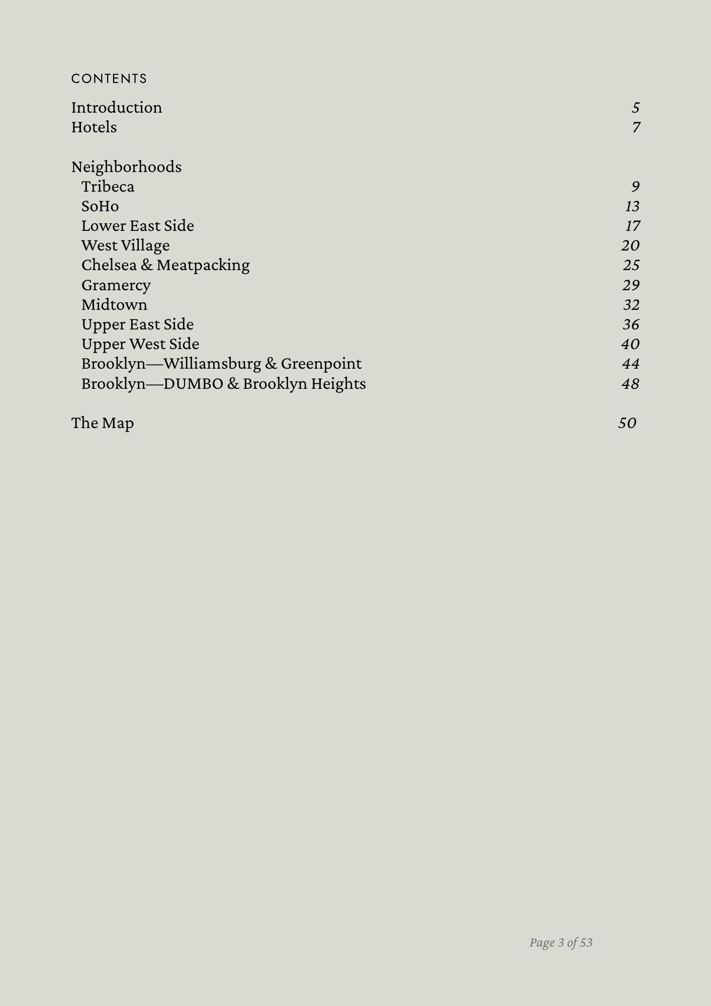 Contents page of the New York City Guide, eleven New York neighborhoods
